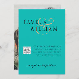 フォトウェディング招待状 QRコード 出欠確認 シーグラス ターコイズ 招待状