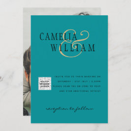 フォトウェディング招待状　QRコード　出欠確認　シーグラス　ターコイズ 招待状