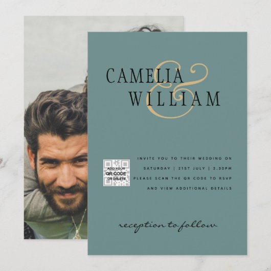フォトウェディング招待状　QRコード　出欠確認　シーグラス　ターコイズ 招待状 (正面/裏面)