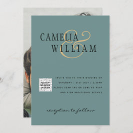 フォトウェディング招待状　QRコード　出欠確認　シーグラス　ターコイズ 招待状