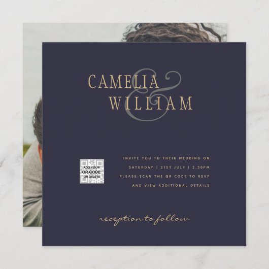 フォトウェディング招待状QRコードRSVPダークブルー (正面/裏面)