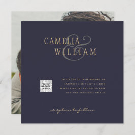 フォトウェディング招待状QRコードRSVPダークブルー