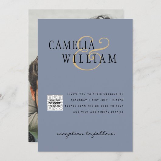 フォトウェディング招待QRコード救日青 招待状 (正面/裏面)