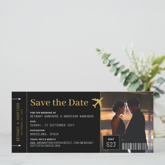 フォトウェディング日付を保存する搭乗券ブラック (スタンド正面)