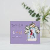 フォトウェディング日付を保存する紫の金ゴールドフローラ ポストカード (スタンド正面)