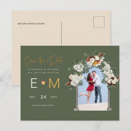 フォトウェディング日付を保存オリーブグリーンフローラ ポストカード (正面/裏面)