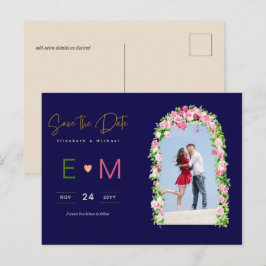 フォトウェディング日付を保存ネイビーピンクフローラ ポストカード