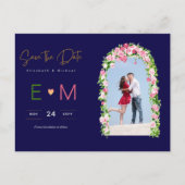 フォトウェディング日付を保存ネイビーピンクフローラ ポストカード (正面)