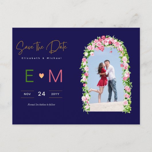 フォトウェディング日付を保存ネイビーピンクフローラ ポストカード (正面)