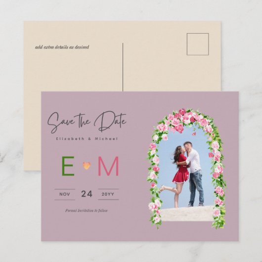 フォトウェディング日付を保存ピンクのフローラはがき ポストカード (正面/裏面)