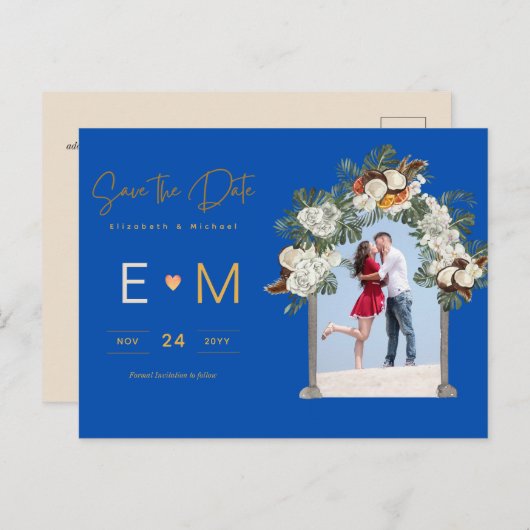 フォトウェディング日付を保存王室の青フローラ ポストカード (正面/裏面)