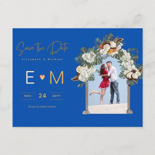 フォトウェディング日付を保存王室の青フローラ ポストカード (正面)