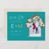 フォトウェディング日付保存ターコイズティール（緑がかった色）フローラ ポストカード (正面/裏面)