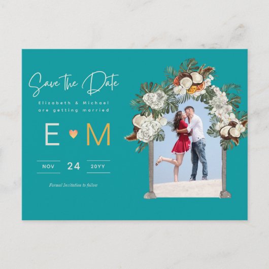 フォトウェディング日付保存ターコイズティール（緑がかった色）フローラ ポストカード (正面)