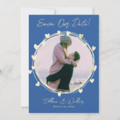 フォトウェディング発表、青、名前、 セーブザデート (正面)