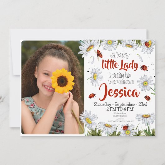 フォトウォーターカラーかわいい誕生日ガールレディバグ 招待状 (正面)