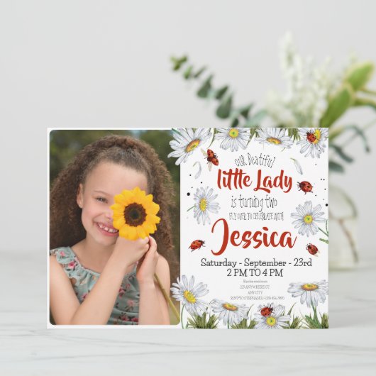 フォトウォーターカラーかわいい誕生日ガールレディバグ 招待状 (スタンド正面)