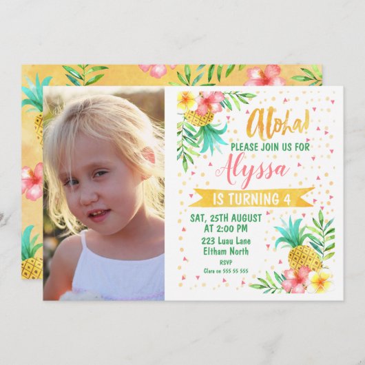 フォトウォーターカラーアロハルアウ(ハワイ式宴会)誕生日招待状 招待状 (正面/裏面)