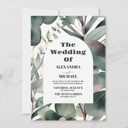 フォトウォーターカラーグリーナリーユーカリ結婚ス 招待状 (正面)
