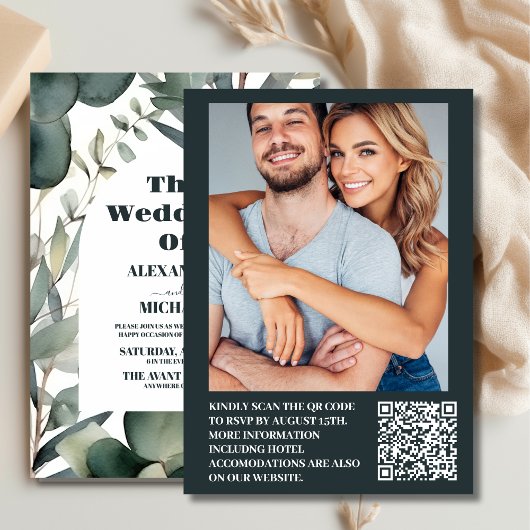 フォトウォーターカラーグリーナリーユーカリ結婚ス 招待状