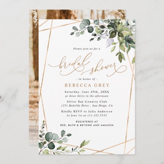 フォトウォーターカラーグリーンリー金ゴールドブライダルシャワー 招待状 (正面/裏面)