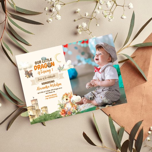 フォトウォーターカラードラゴンベビー1st誕生日 招待状