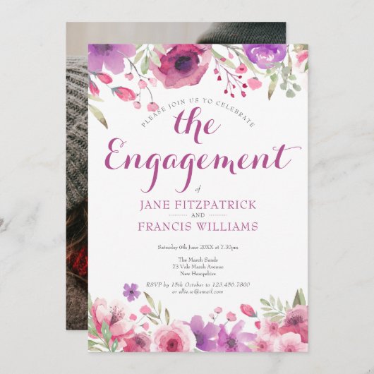 フォトウォーターカラーバラフローラ婚約パーティ 招待状 (正面/裏面)