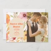 フォトウォーターカラーピンクオレンジワイルドフラワー結婚ズ セーブザデート (正面)