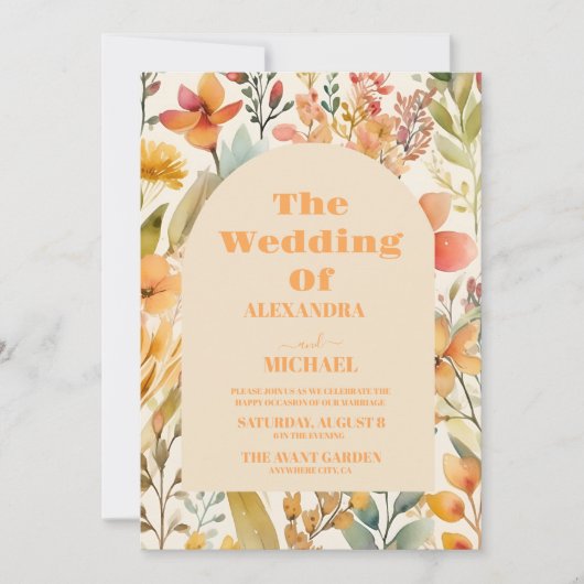 フォトウォーターカラーピンクオレンジワイルドフラワー結婚ズ 招待状 (正面)