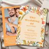 フォトウォーターカラーピンクオレンジワイルドフラワー結婚ズ 招待状