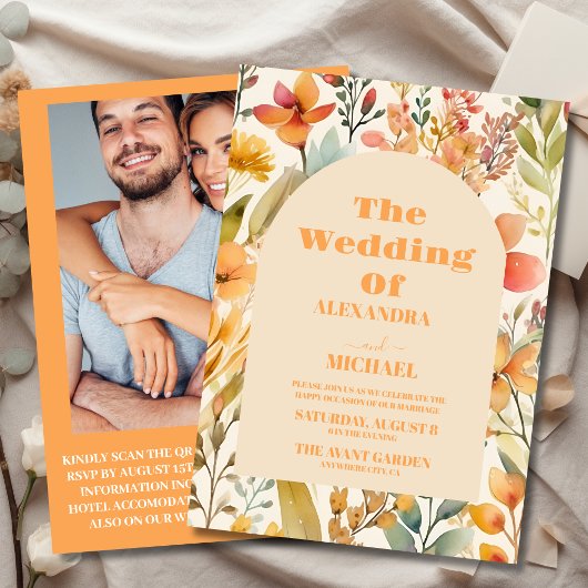 フォトウォーターカラーピンクオレンジワイルドフラワー結婚ズ 招待状