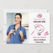 フォトウォーターカラーピンク看護学校卒業生 案内状 (正面)