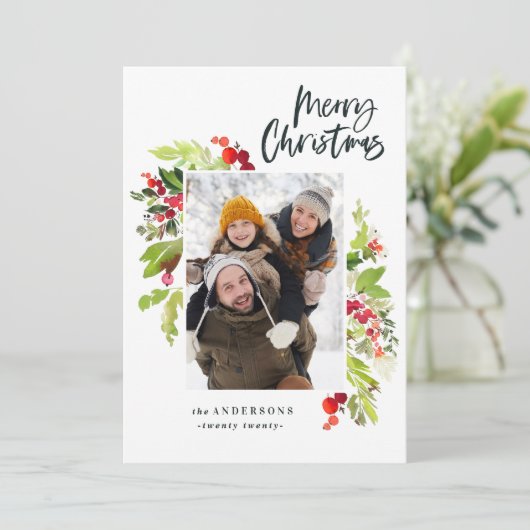 フォトウォーターカラーフローラと葉のクリスマス シーズンカード (スタンド正面)