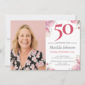 フォトウォーターカラーフローラピンク50th誕生日パーティー 招待状 (正面)