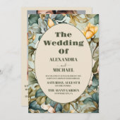 フォトウォーターカラーホワイトリリーアールヌーボー結婚ズ 招待状 (正面/裏面)