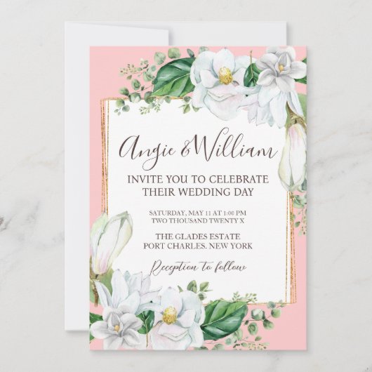 フォトウォーターカラーマグノリア赤面QRコード結婚ズ 招待状 (正面)