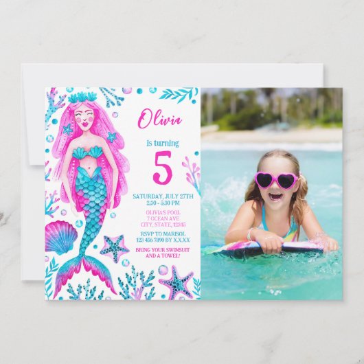 フォトウォーターカラーマーメイドガール誕生日プールパーティー 招待状 (正面)