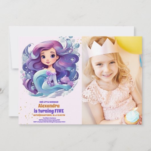 フォトウォーターカラーマーメイドバースデーパーティー 招待状 (正面)
