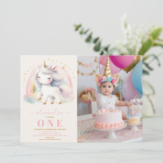 フォトウォーターカラーユニコーン誕生日招待状1st 招待状 (スタンド正面)