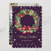 フォトウォーターカラーリースパープルメリークリスマス シーズンカード (正面/裏面)