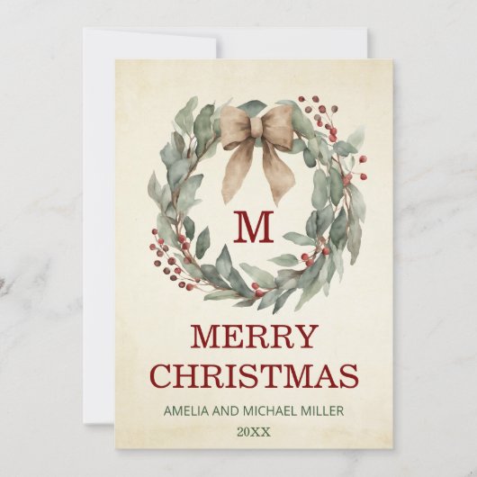 フォトウォーターカラーリースメリークリスマスカード 招待状 (正面)