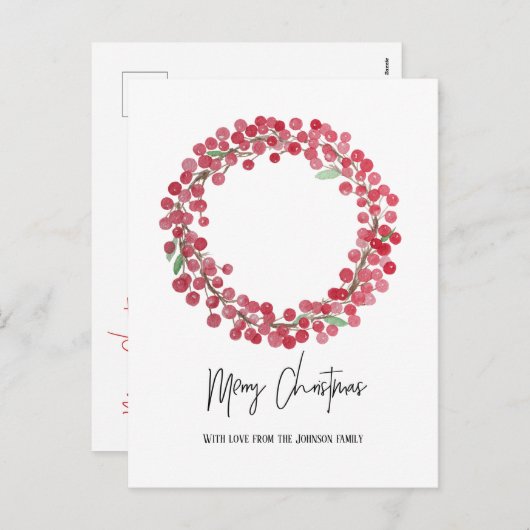 フォトウォーターカラーレッドベリーリースクリスマス シーズンポストカード (正面/裏面)