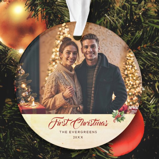 フォトウォーターカラーヴィンテージスクリプト初めてのクリスマス オーナメント