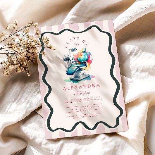 フォトウォーターカラー女性歯科医科卒業 招待状