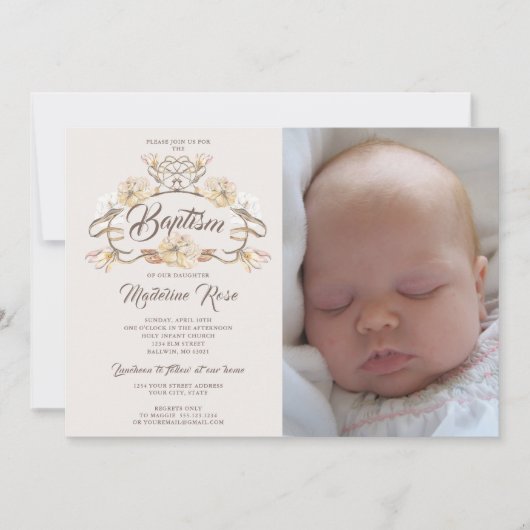 フォトウォーターカラー素朴フローラ洗礼 招待状 (正面)