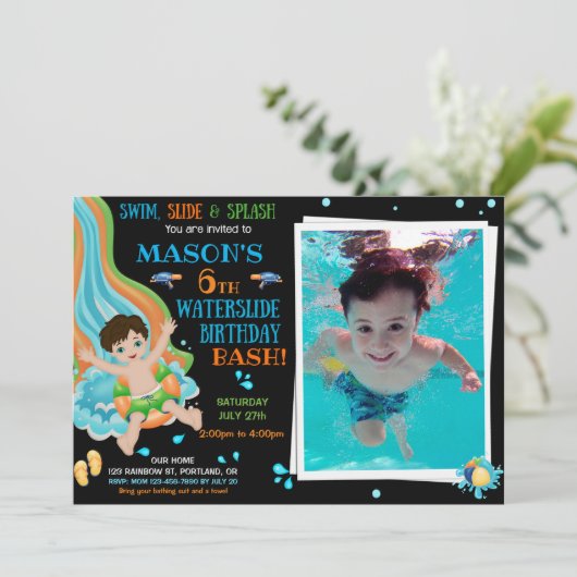 フォトウォータースライド誕生日の招待ウォーターパークおもしろい 招待状 (スタンド正面)