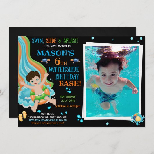 フォトウォータースライド誕生日の招待ウォーターパークおもしろい 招待状 (正面/裏面)