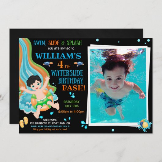 フォトウォータースライド誕生日の招待プール招待状 招待状 (正面/裏面)