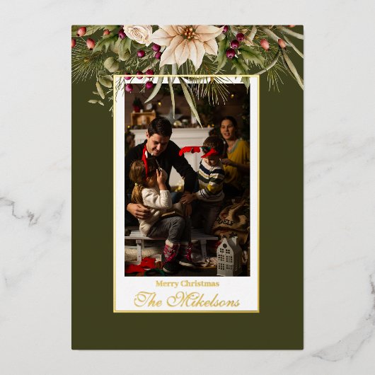 フォトウォー素朴ターカラー植物性クリスマス 箔シーズンカード (正面)