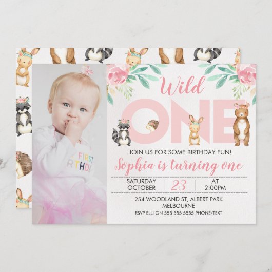フォトウッドランドアニマルズ1歳の誕生日招待状 招待状 (正面/裏面)